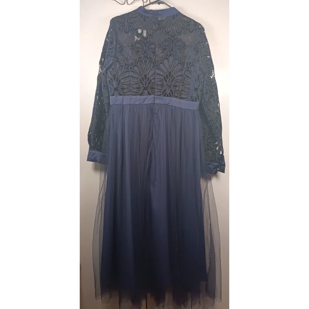 NWT Womens Maxi Dress 12 BLUE BLACK Mesh Floral Long Sleeve dark elegant formal
